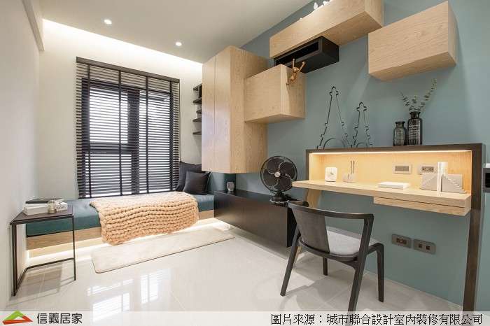 綠色臥室室內裝潢設計，包括床、置物櫃裝潢圖片
