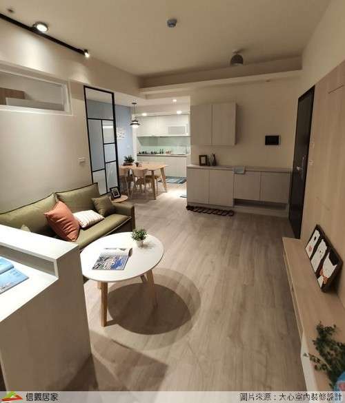 米色客廳室內裝潢設計，包括沙發、茶几、收納櫃、矮櫃、隔屏裝潢圖片