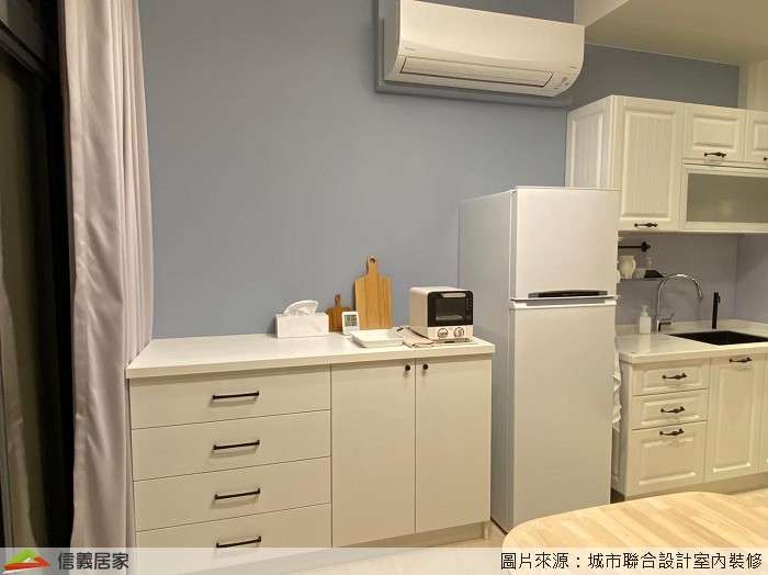 藍色廚房室內裝潢設計，包括流理台、置物櫃裝潢圖片