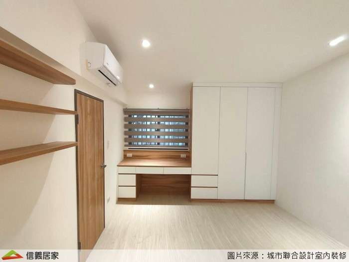 白色臥室室內裝潢設計，包括收納櫃、書桌、置物櫃裝潢圖片