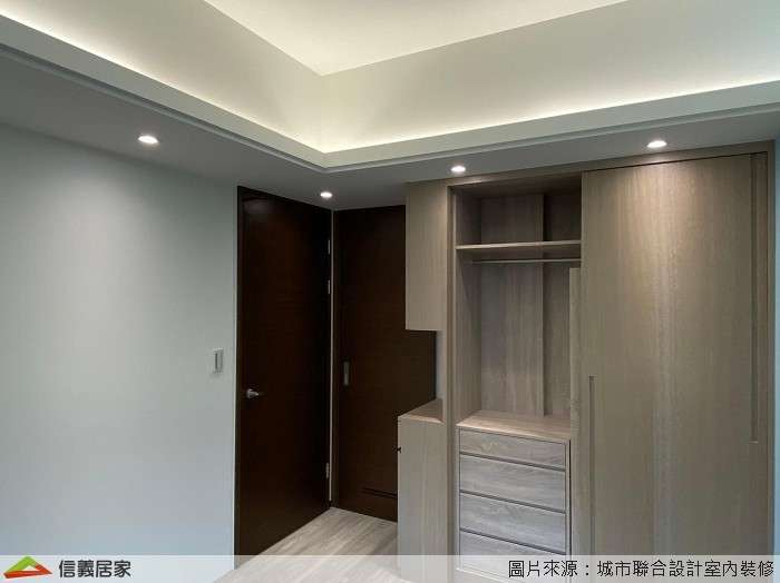 藍色臥室室內裝潢設計，包括收納櫃、置物櫃裝潢圖片