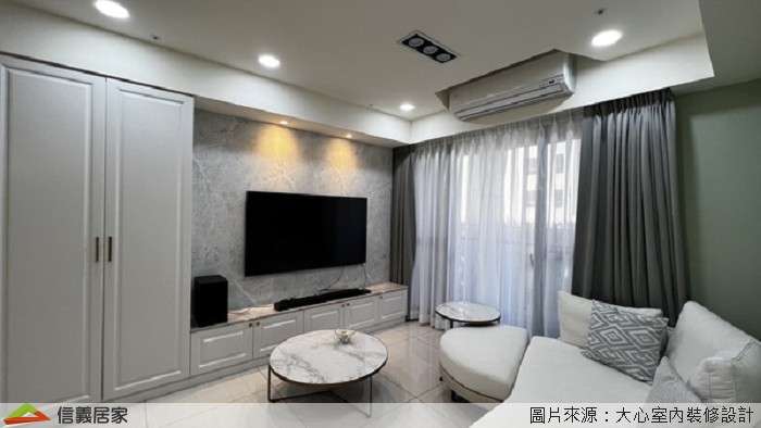 綠色客廳室內裝潢設計，包括電視牆、置物櫃裝潢圖片