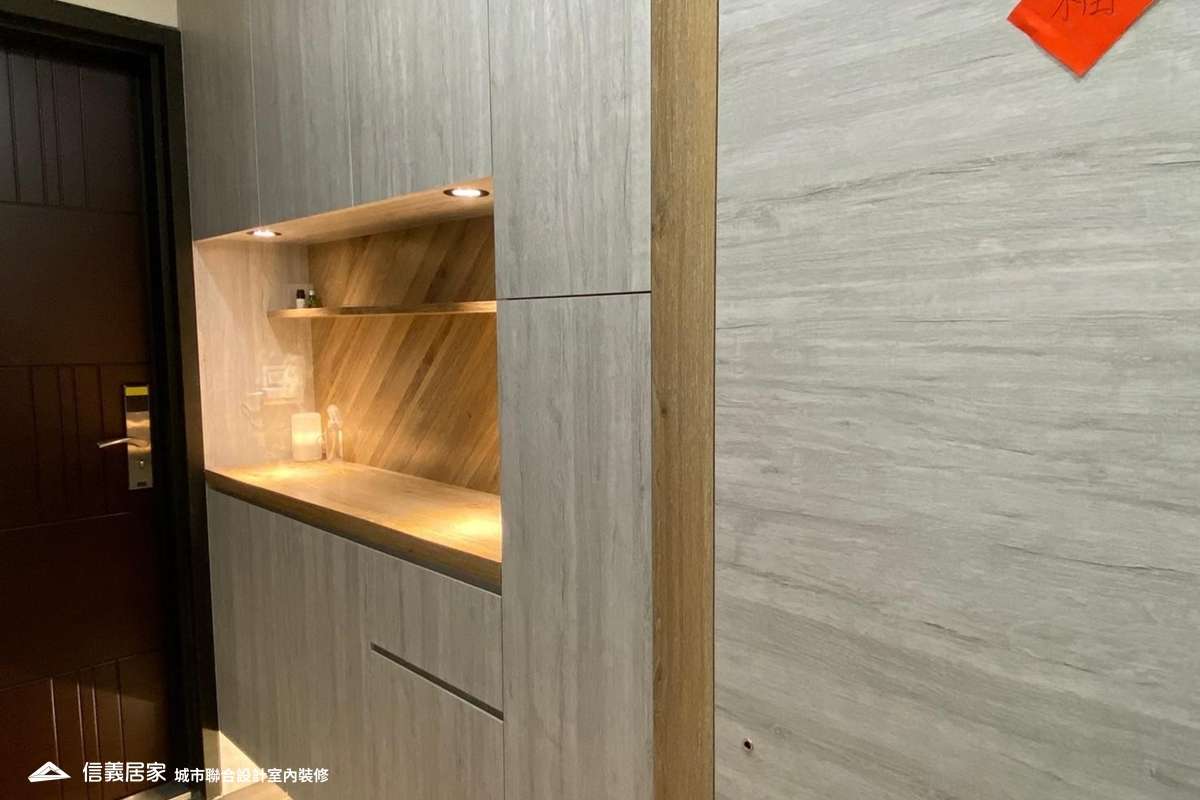 米色玄關室內裝潢設計，包括收納櫃、置物櫃裝潢圖片