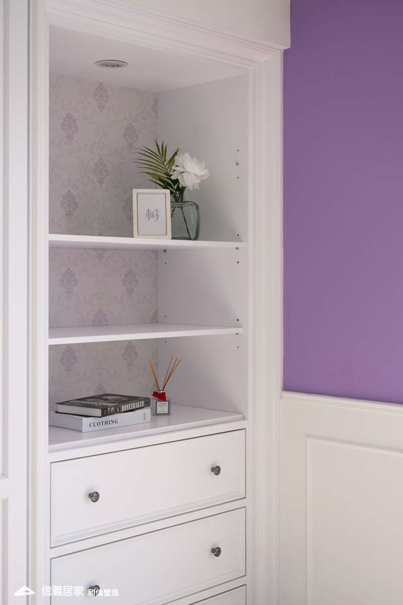 紫色臥室室內裝潢設計，包括收納櫃、置物櫃裝潢圖片