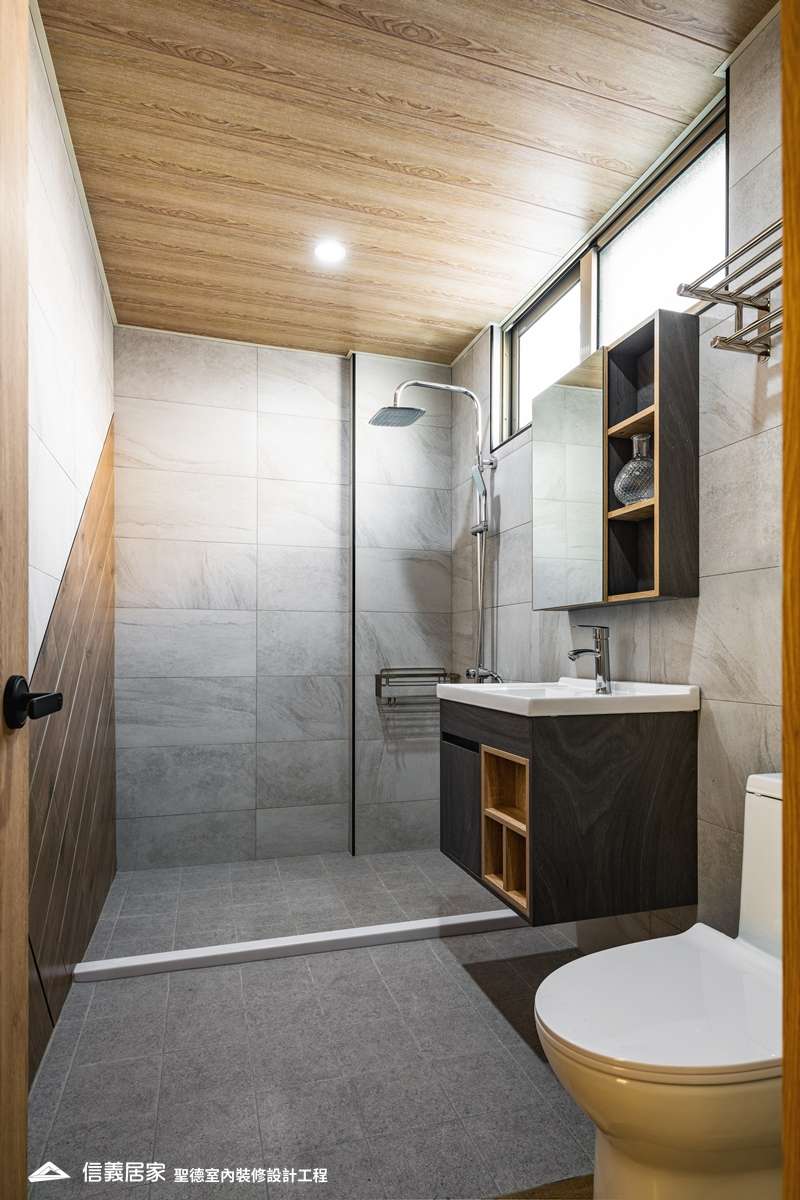 灰色浴室室內裝潢設計，包括磁磚、洗手台、淋浴/花灑、馬桶裝潢圖片