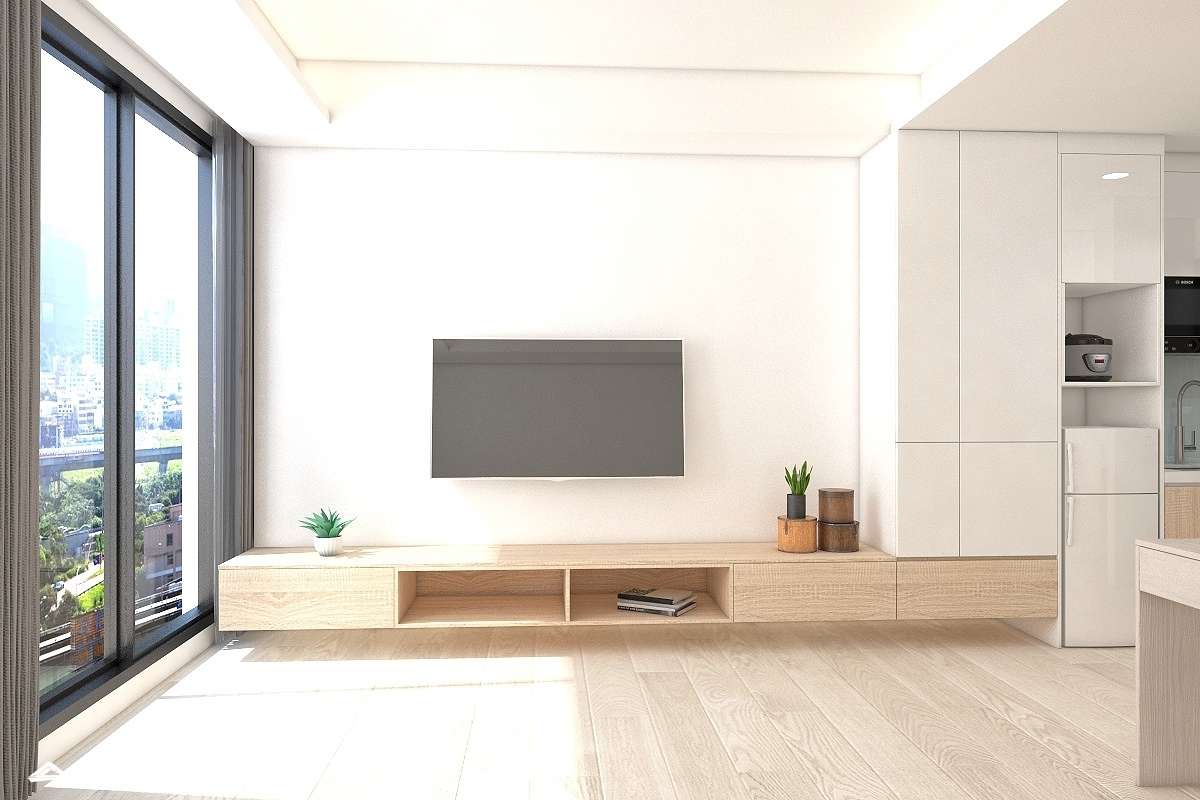 白色客廳室內裝潢設計，包括窗簾、收納櫃、電視櫃裝潢圖片