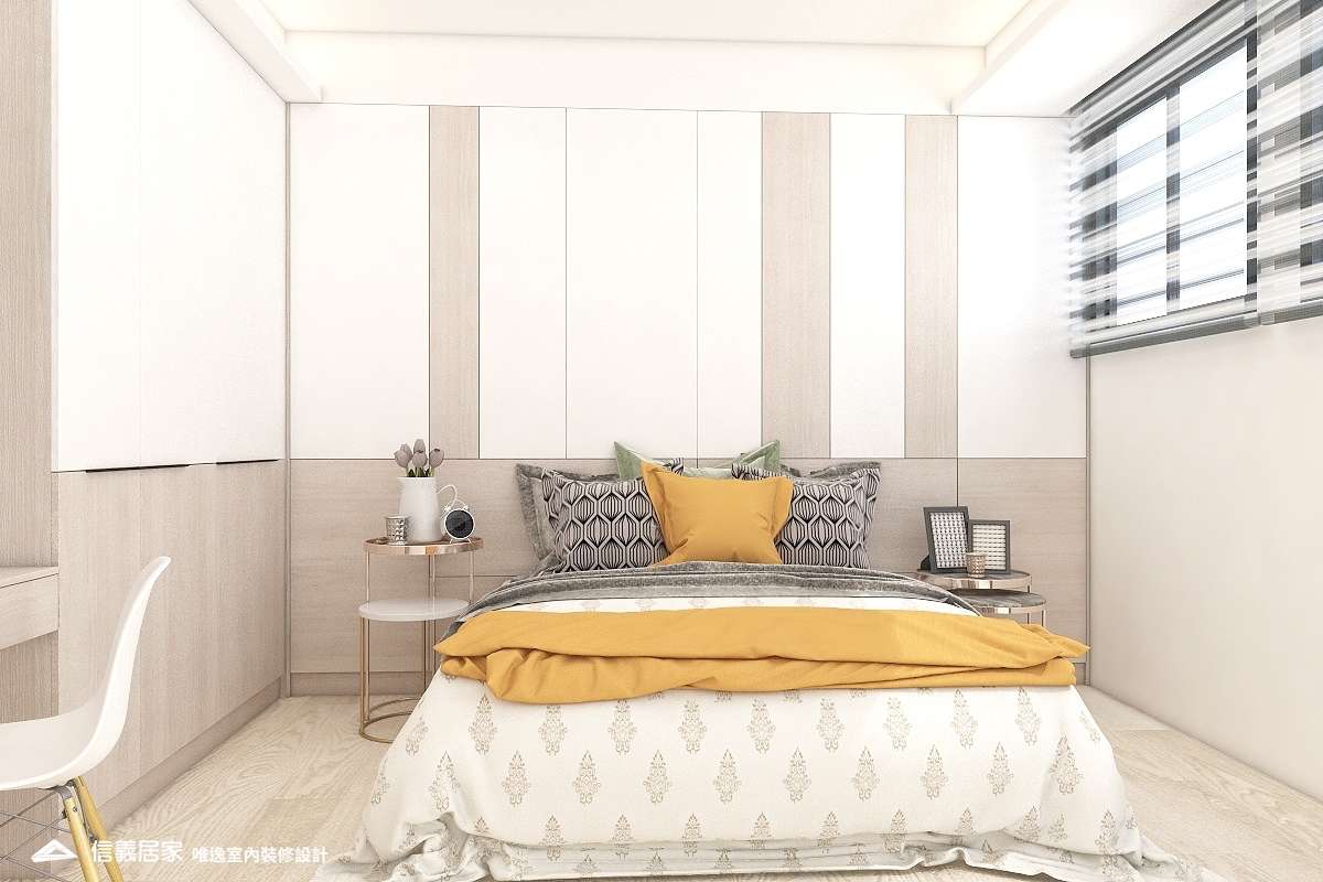 白色臥室室內裝潢設計，包括窗簾、床、置物櫃裝潢圖片