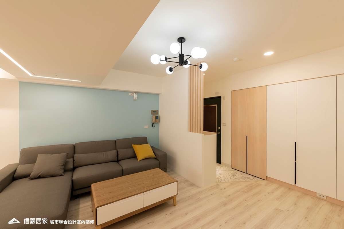 米色客廳室內裝潢設計，包括沙發牆、L型沙發裝潢圖片