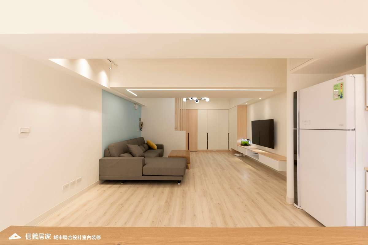 米色客廳,米色餐廳室內裝潢設計，包括茶几、L型沙發裝潢圖片