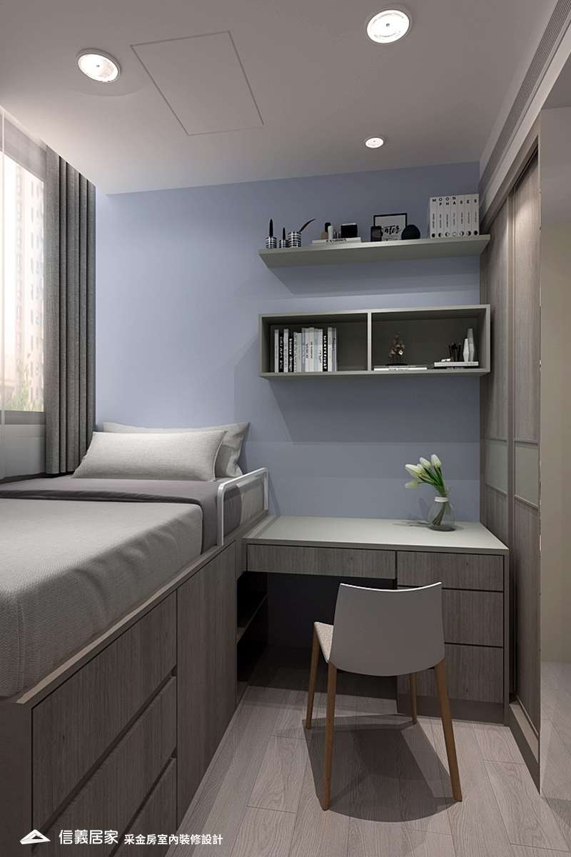 藍色臥室室內裝潢設計，包括床裝潢圖片