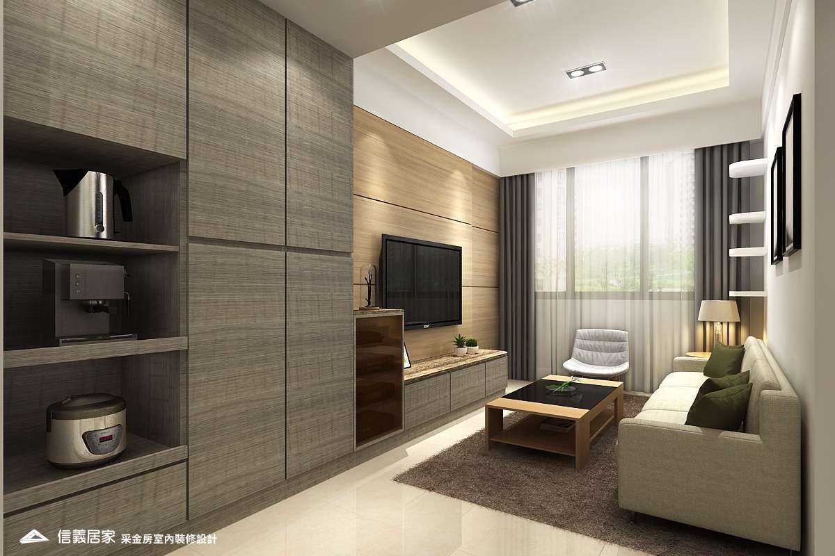 米色客廳室內裝潢設計，包括沙發、茶几、收納櫃、地毯裝潢圖片