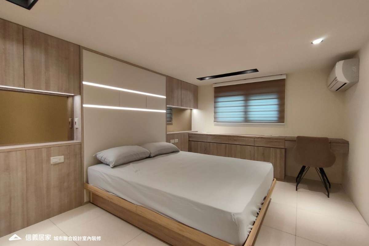 白色臥室室內裝潢設計，包括床、收納櫃、椅子、床頭主牆、置物櫃裝潢圖片