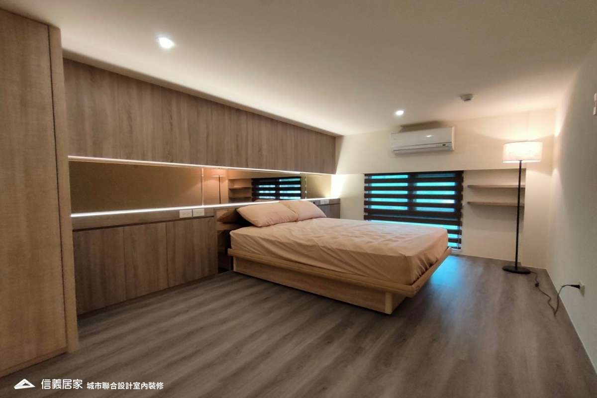 白色臥室室內裝潢設計，包括床、收納櫃、燈具裝潢圖片