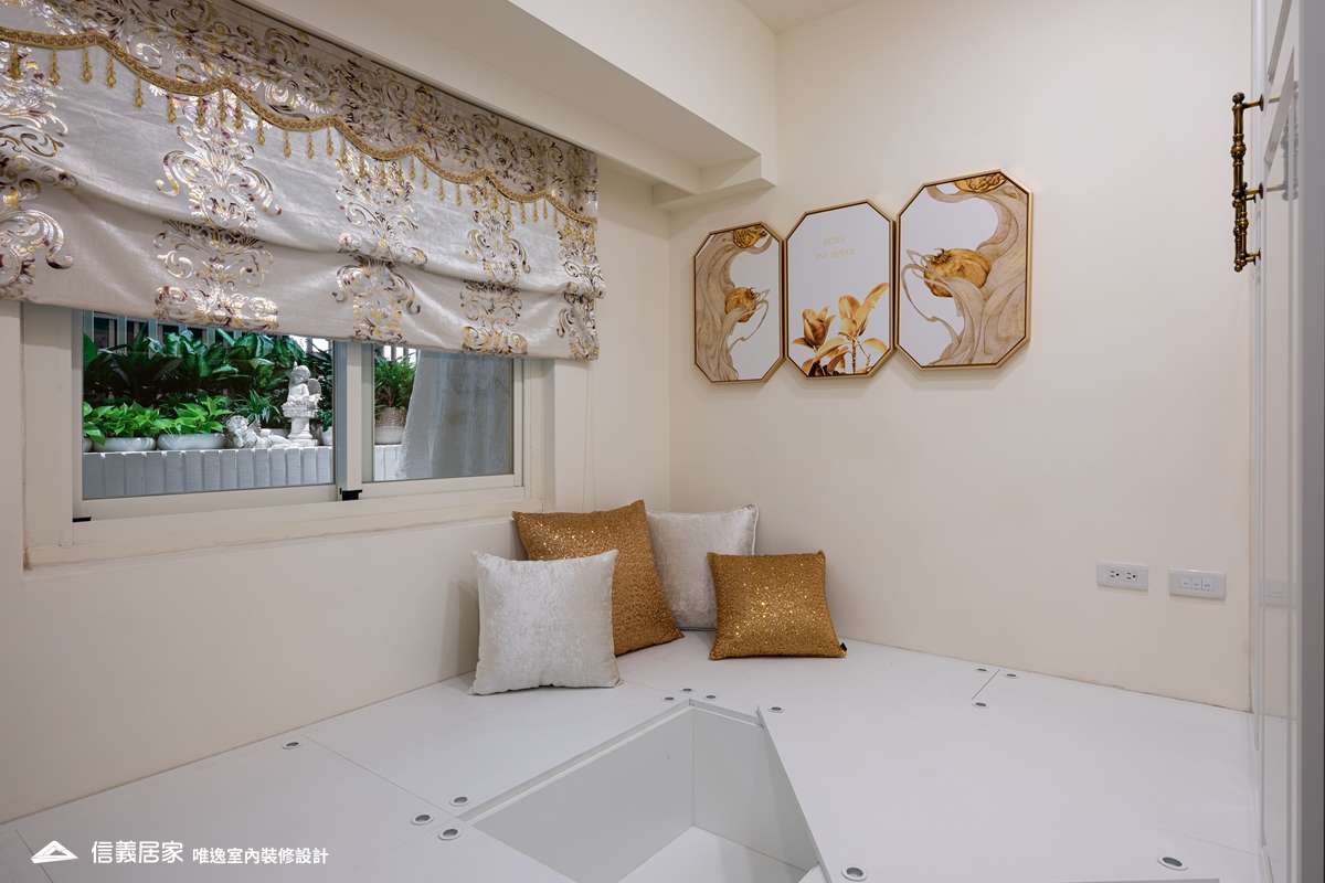 米色臥室室內裝潢設計，包括窗簾、收納櫃裝潢圖片