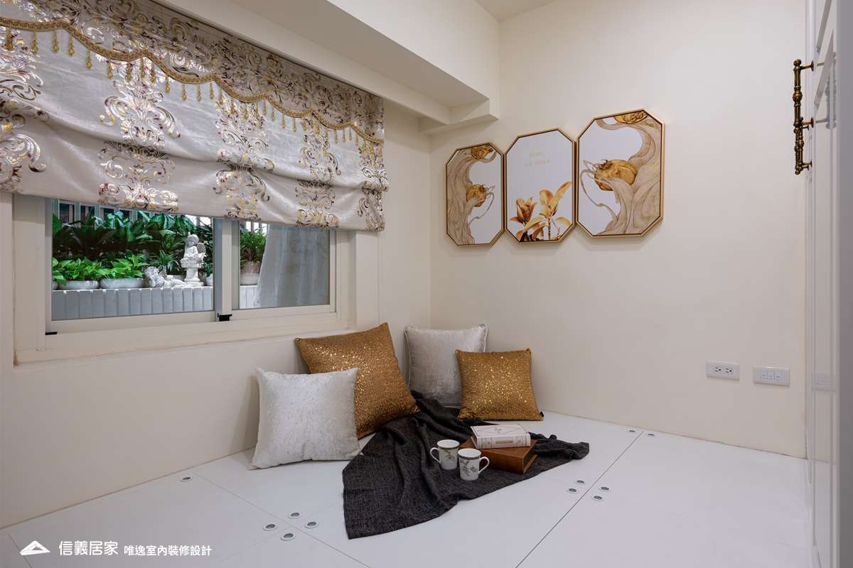 米色臥室室內裝潢設計，包括窗簾、收納櫃裝潢圖片