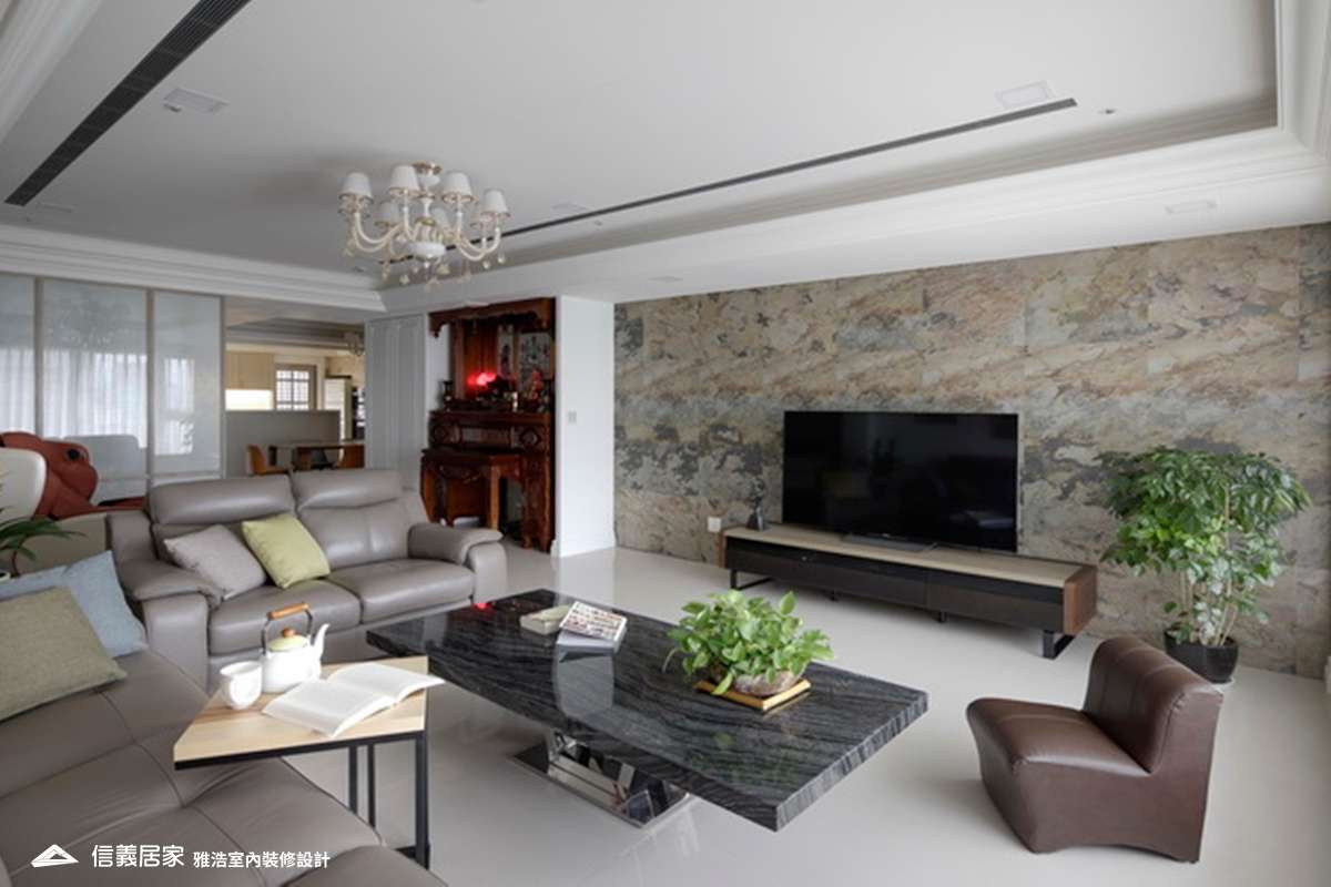 米色客廳室內裝潢設計，包括茶几、吊燈、電視櫃、L型沙發裝潢圖片