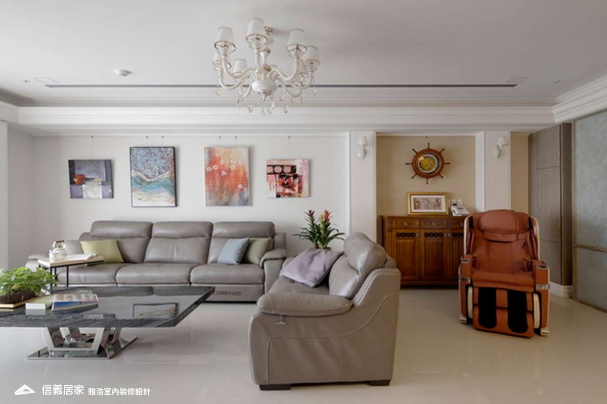 米色客廳室內裝潢設計，包括L型沙發裝潢圖片