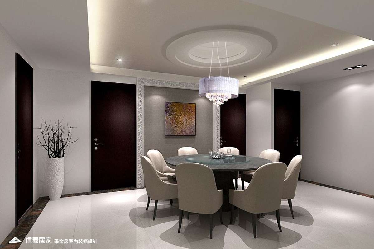 米色餐廳室內裝潢設計，包括吊燈、餐桌、餐椅裝潢圖片