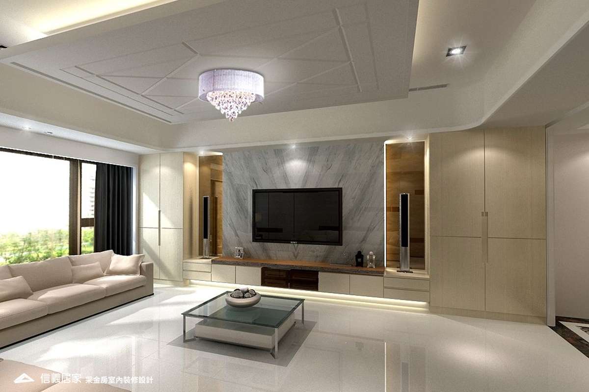 米色客廳室內裝潢設計，包括沙發、茶几、電視牆、電視櫃裝潢圖片