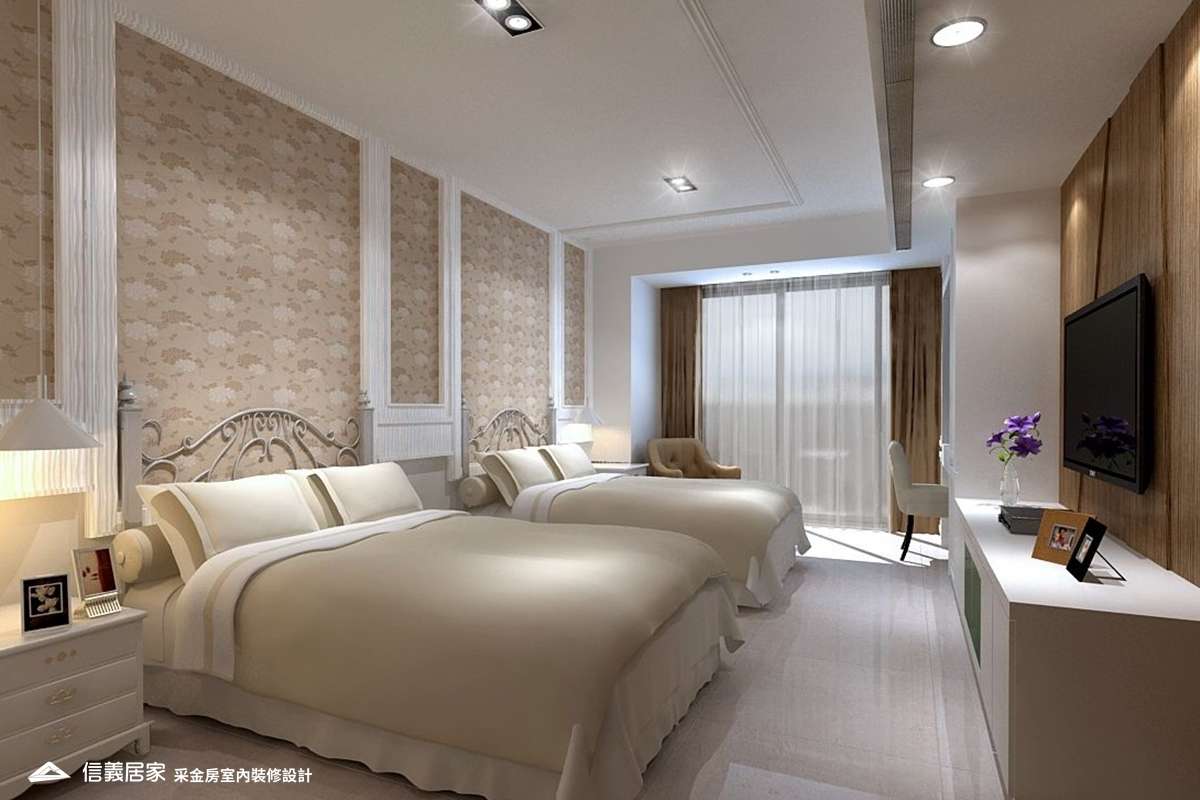 米色臥室室內裝潢設計，包括窗簾、床、電視牆、電視櫃裝潢圖片