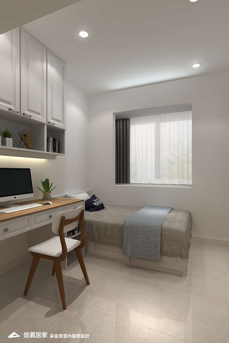 白色臥室室內裝潢設計，包括床、收納櫃、書桌裝潢圖片