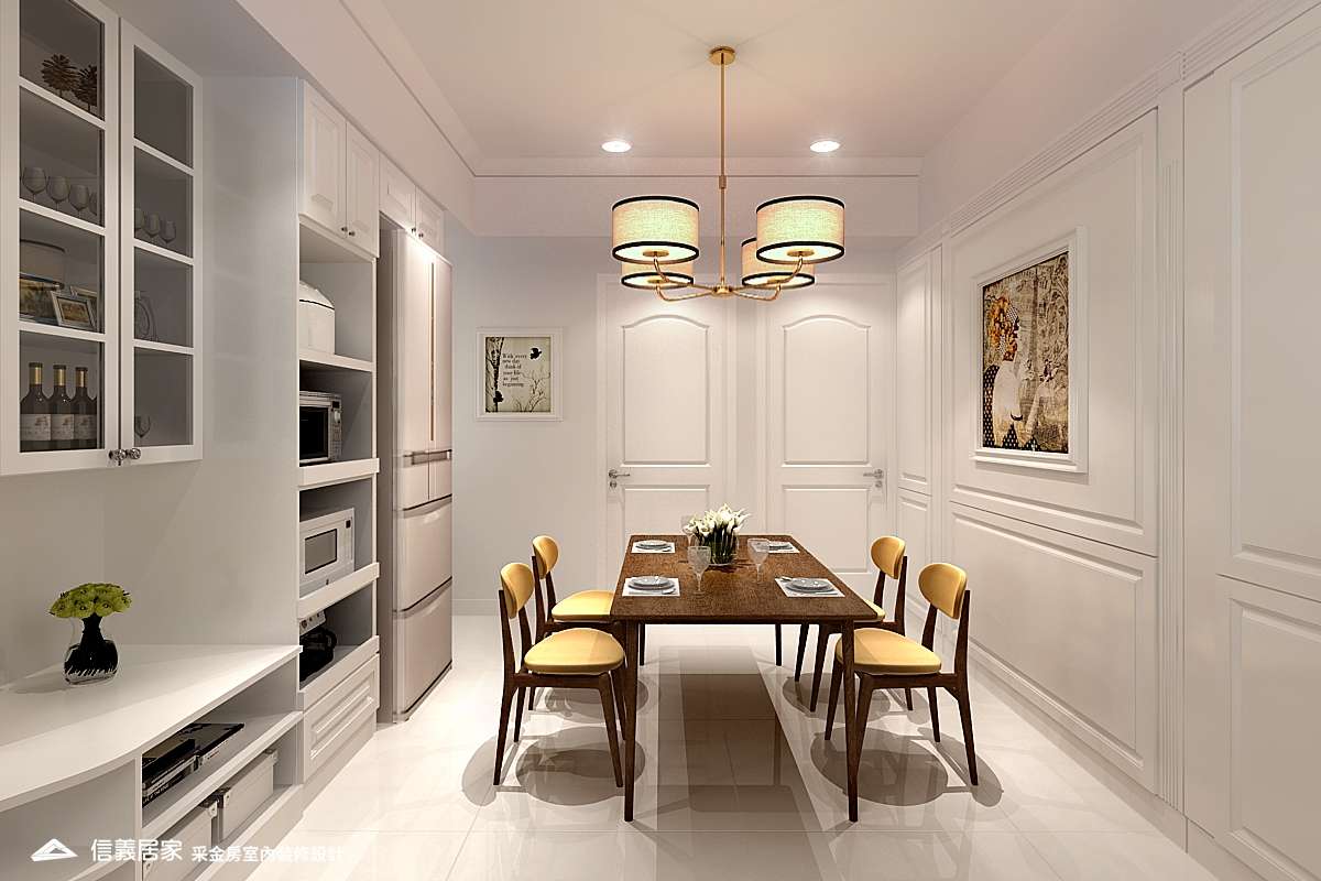 白色餐廳室內裝潢設計，包括吊燈、餐桌裝潢圖片