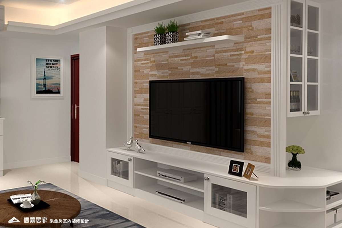 白色客廳室內裝潢設計，包括電視牆裝潢圖片