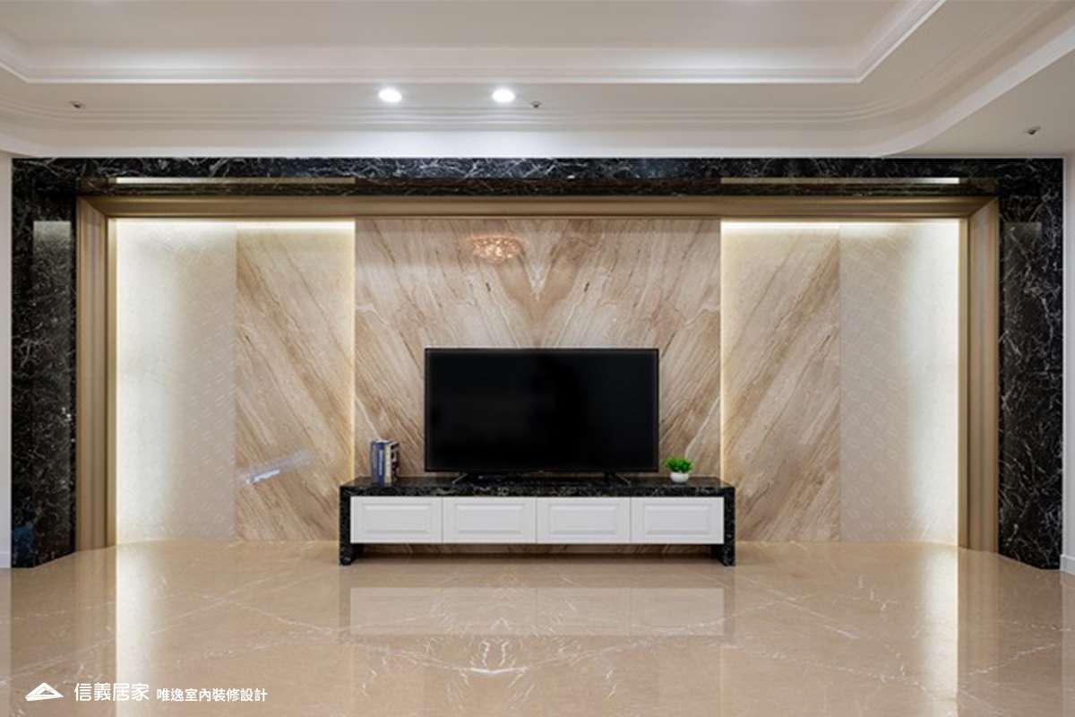 米色客廳室內裝潢設計，包括電視櫃、大理石牆/檯面裝潢圖片