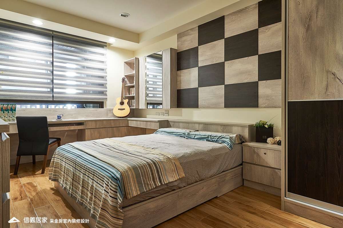 米色臥室室內裝潢設計，包括床、床頭主牆裝潢圖片