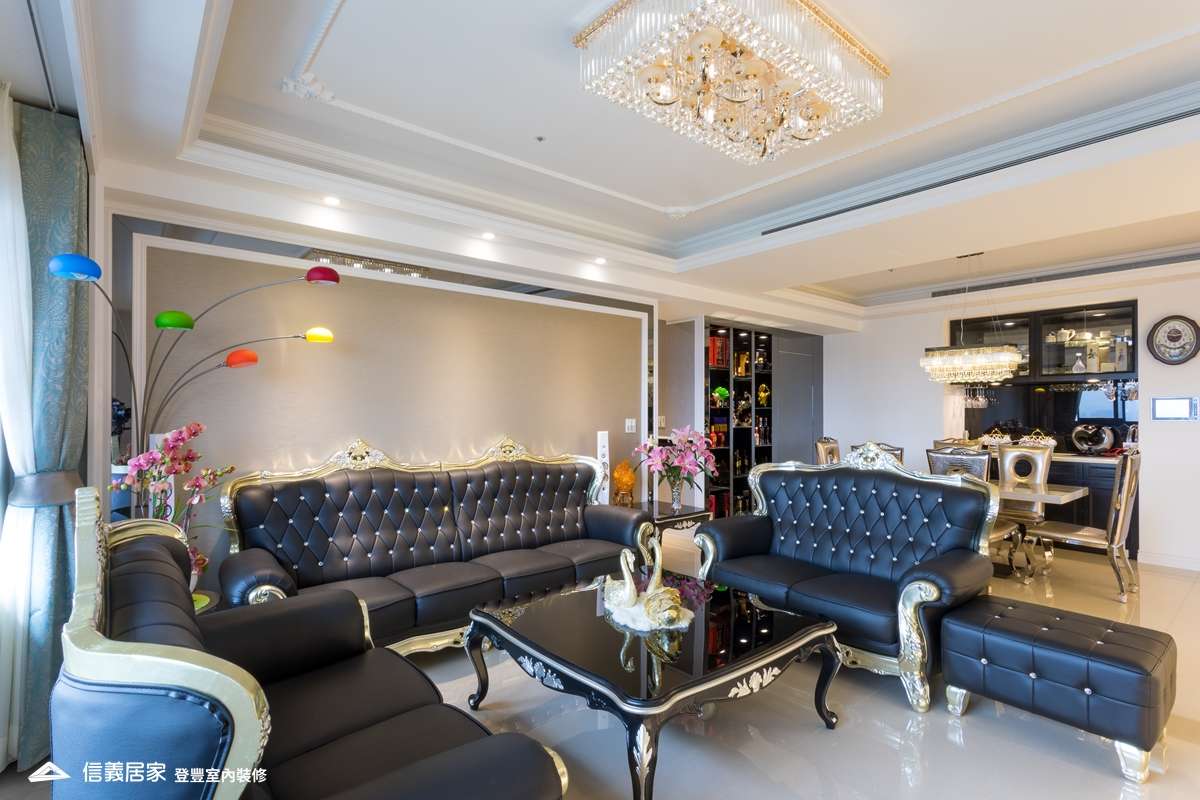 黑白客廳室內裝潢設計，包括沙發、茶几、吊燈、餐桌、餐椅、天花板裝潢圖片