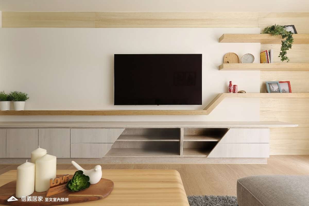 米色客廳室內裝潢設計，包括沙發、茶几、電視櫃、置物櫃裝潢圖片