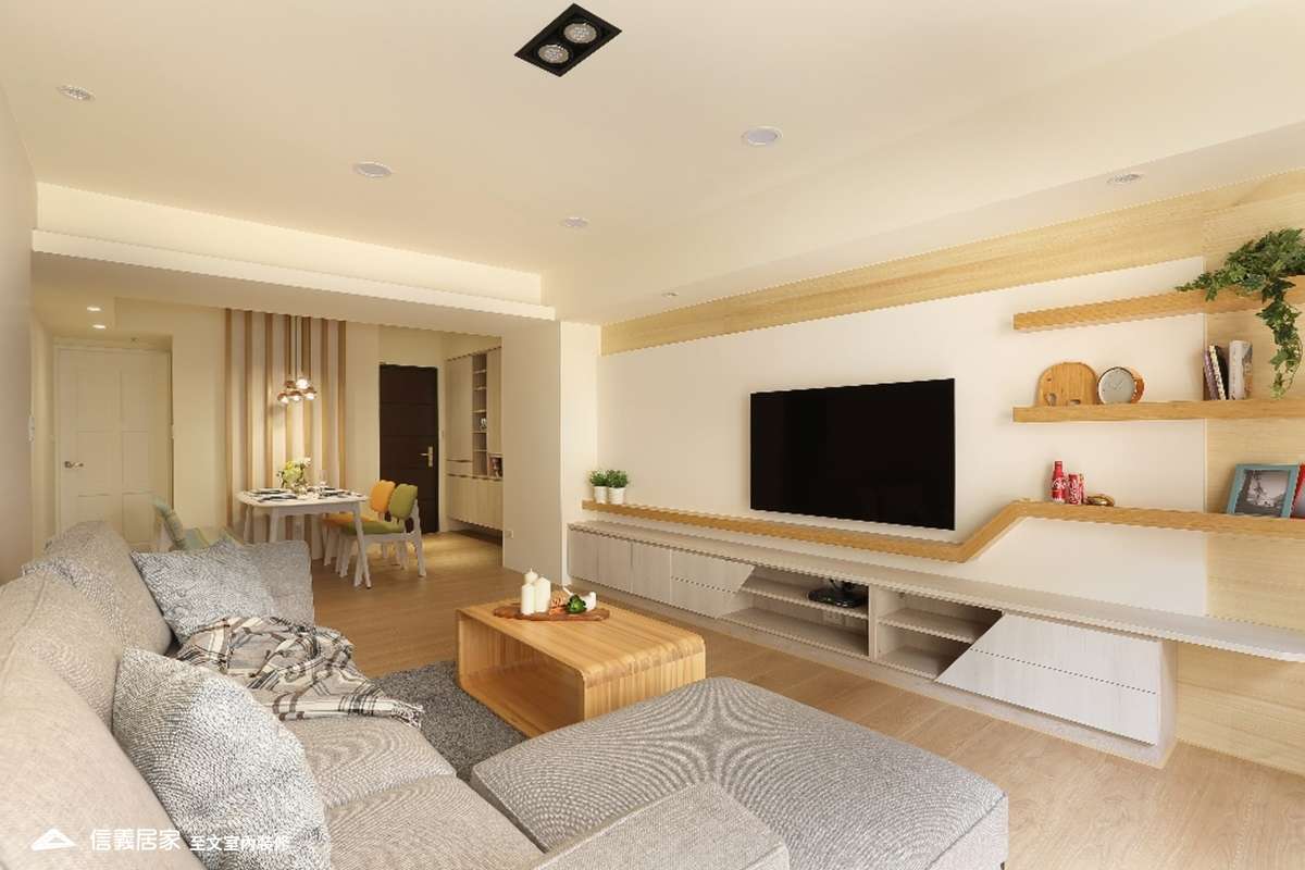 白色客廳室內裝潢設計，包括沙發、茶几、電視櫃、地毯裝潢圖片