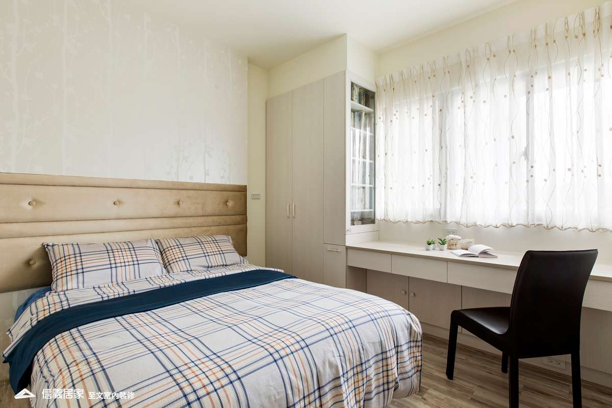 米色臥室室內裝潢設計，包括床、吧台裝潢圖片