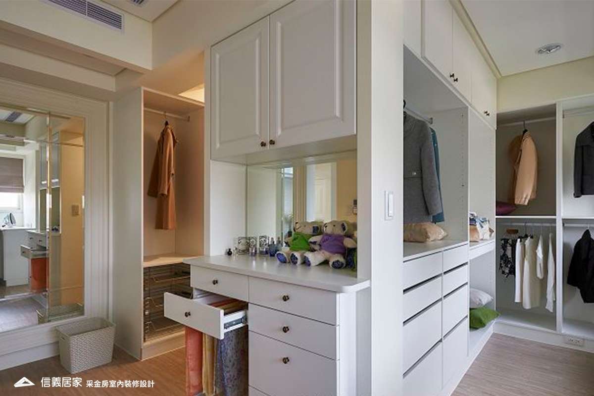 白色更衣室室內裝潢設計，包括收納櫃、鏡子、展示櫃、置物櫃裝潢圖片