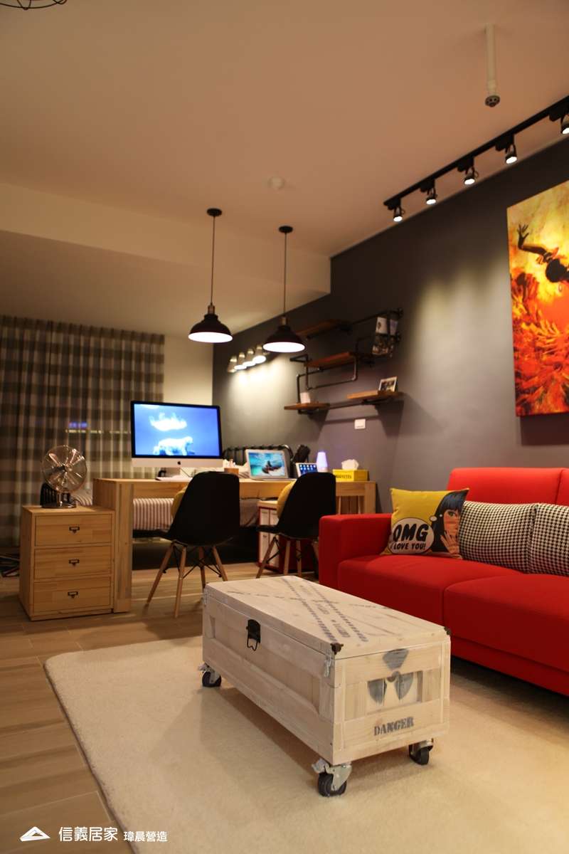 米色客廳室內裝潢設計，包括沙發、茶几、吊燈、椅子、矮櫃、書桌裝潢圖片