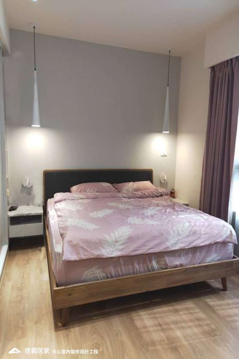 米色臥室室內裝潢設計，包括窗簾、床、吊燈裝潢圖片